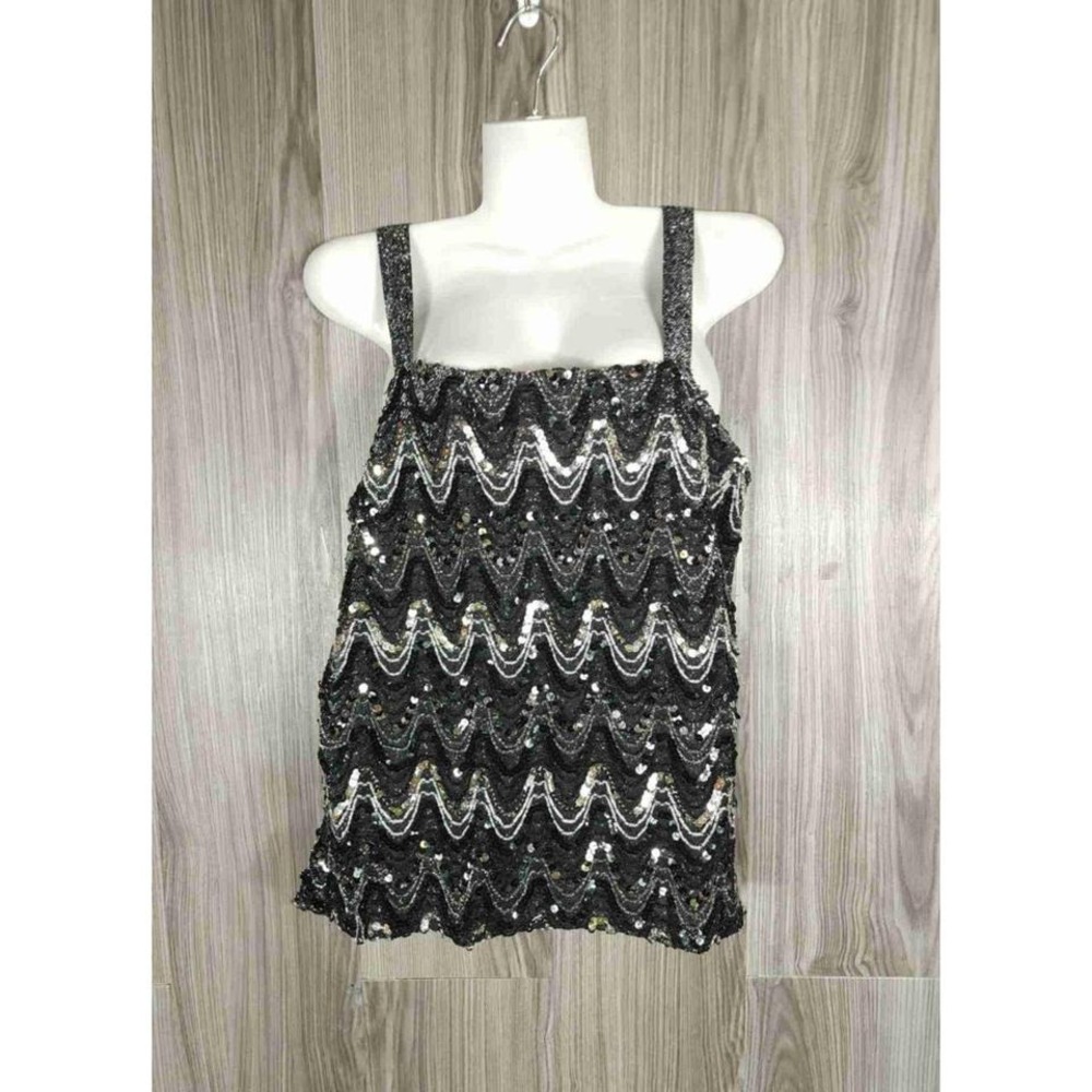 Joanna Vintage Sequin Tank Top Black Silver Zigzag Metallic Party Cami Small USA